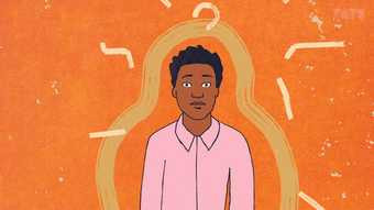 Image of Yinka Shonibare cartoon drawing as a teenager, he's wearing a pink shirt and on an orange background