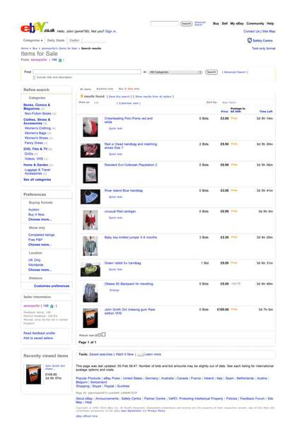eBay listings posted by serenporfor including 'John Smith Girl chewing gum Rare edition VHS', February 2010