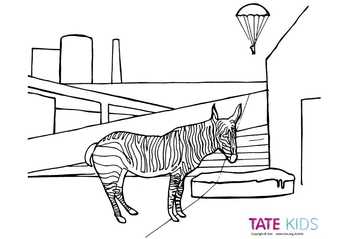 Colouring sheet of Christopher Woods's Zebra and Parachute