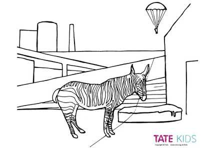Colouring sheet of Christopher Woods's Zebra and Parachute