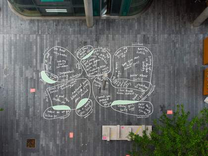 a birds eye view of a mural on the floor showing song titles
