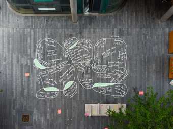 a birds eye view of a mural on the floor showing song titles 