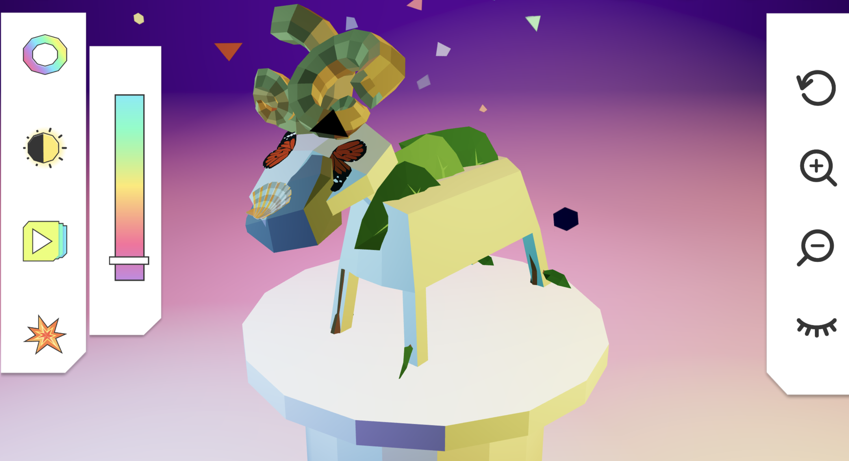 A beast made out of nature-themed objects stands in the middle of the screen with controls either side- a screenshot from Tate Kids Sculpture Chaos game