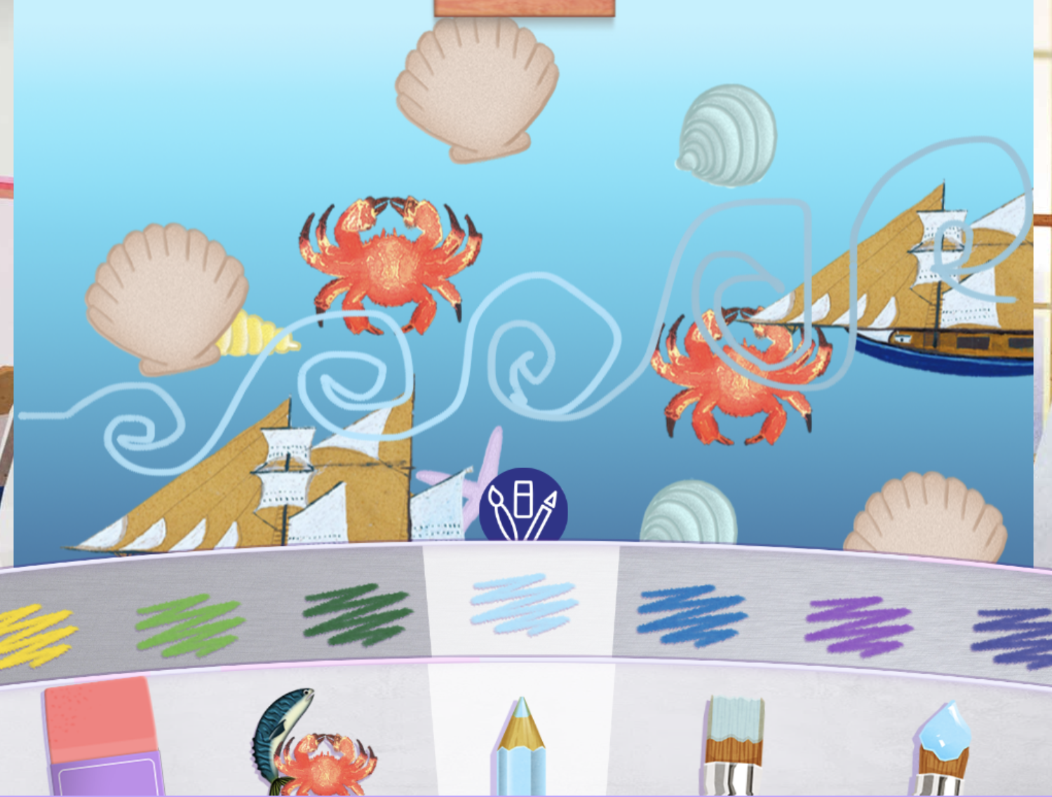 Crabs, shells and boats stickers populate a blank blue canvas, with a squiggly sea line on top