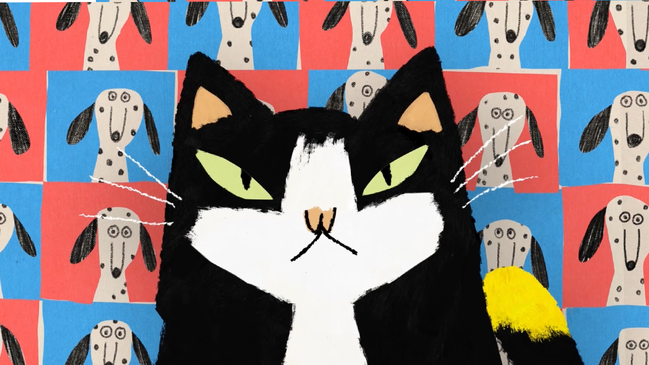 An illustration of a black and white cat glares into the camera, surrounded by red and blue squares featuring the face of a dalmation